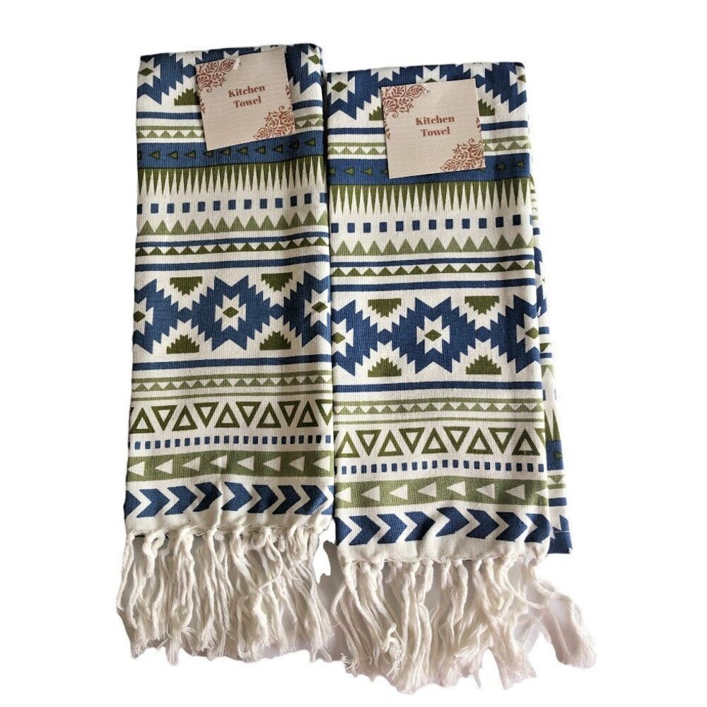 Southwest Kitchen Dish Tea Towels Tasseled Blue Navajo Native American Set Of 2